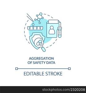 Aggregation of safety data turquoise concept icon. Clinical trials providing abstract idea thin line illustration. Isolated outline drawing. Editable stroke. Arial, Myriad Pro-Bold fonts used. Aggregation of safety data turquoise concept icon