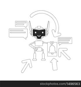 Aggregator bot thin line concept vector illustration. Automated newsletter. Mails and news sending robot 2D cartoon character for web design. Digital email marketing assistant creative idea