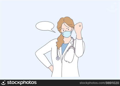 Aggression and rage concept. Young angry doctor in uniform and medical protective mask feeling mad frustrated furious and raising fist with anger vector illustration . Aggression and rage concept