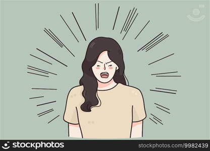 Aggression, hate, rage concept. Screaming emotional angry woman cartoon character standing and shouting with negative emotions over green background vector illustration . Aggression, hate, rage concept