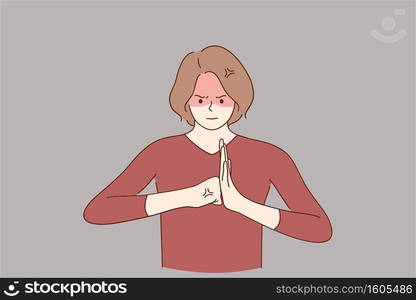 Aggression, negative emotions and lifestyle concept. Young angry woman cartoon character standing and showing fists forming wall like fighting at camera vector illustration . Aggression, negative emotions and lifestyle concept