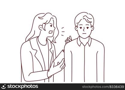 Aggressive annoying woman yelling at tired bored husband. Furious mad wife scream and shout at ignorant man. Relationship problems. Vector illustration. . Mad wife shouting at ignorant husband 
