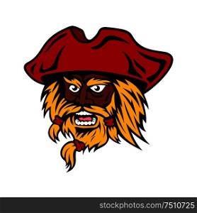 Aggressive bearded pirate captain cartoon character in red hat, shouts with wide open mouth. Nautical travel or adventure concept. Cartoon bearded pirate captain in red hat