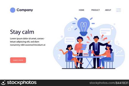 Aggressive boss scolding upset employees. Angry boss, mistakes, error, stress at work flat vector illustration. Business failure concept for banner, website design or landing web page