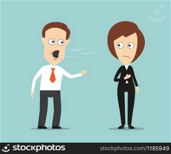 Aggressive businessman yelling at sad crying female colleague for business concept design. Cartoon flat style. Businessman yelling at crying female colleague