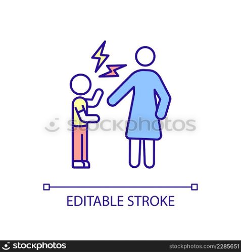 Aggressive child behavior RGB color icon. Kid swearing at mom. Angry outbursts. Extreme aggression. Isolated vector illustration. Simple filled line drawing. Editable stroke. Arial font used. Aggressive child behavior RGB color icon