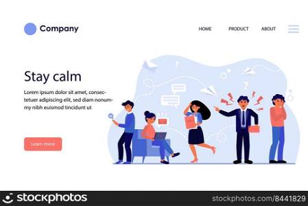 Aggressive leader shouting at scared employees. Angry boss, error, stress at work flat vector illustration. Business, workplace violence concept for banner, website design or landing web page