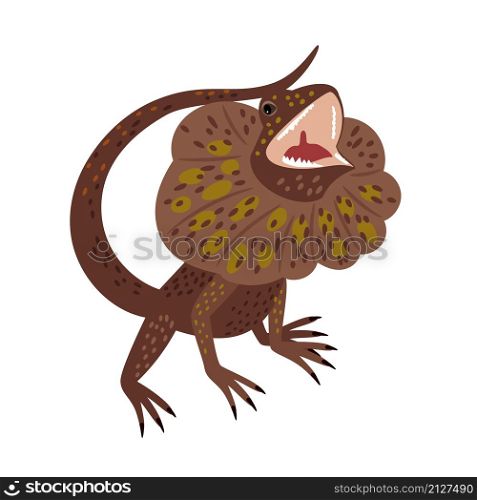 Aggressive lizard. Cartoon australian reptile, crawling animal, exotic creature of zoo, vector illustration of frilled neck lizard isolated on white background. Aggressive lizard cartoon icon