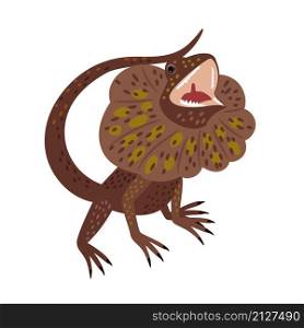 Aggressive lizard. Cartoon australian reptile, crawling animal, exotic creature of zoo, vector illustration of frilled neck lizard isolated on white background. Aggressive lizard cartoon icon