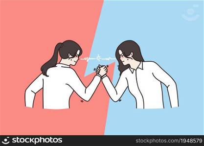 Aggressive mad women rivals have arm wrestling match. Furious decisive female opponents employees fight for leadership show power. Armwrestling, competition concept. Vector illustration.. Aggressive woman rivals have arm fight for leadership