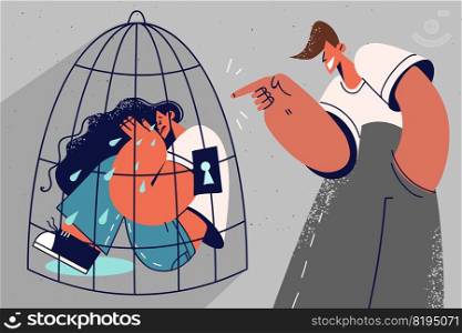 Aggressive man laughing at unhappy woman locked in cage. Unfriendly guy bully harass upset crying girl sitting in imprisonment. Vector illustration.. Bad man laughing at girl sitting in cage