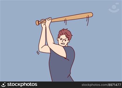 Aggressive man swings wooden bat to hit ball or fend off attacking criminals. Aggressive guy attacks people using baseball bat as weapon, wanting to beat and injure opponent after argument . Aggressive guy attacks people using baseball bat as weapon, wanting to beat and injure opponent