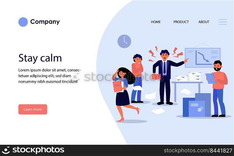 Aggressive nervous boss shouting at employees and courier. Angry leader, stressful job flat vector illustration. Business, workplace violence concept for banner, website design or landing web page