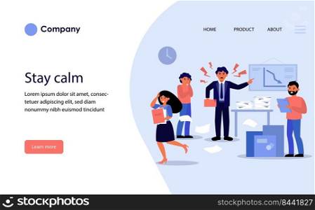 Aggressive nervous boss shouting at employees and courier. Angry leader, stressful job flat vector illustration. Business, workplace violence concept for banner, website design or landing web page