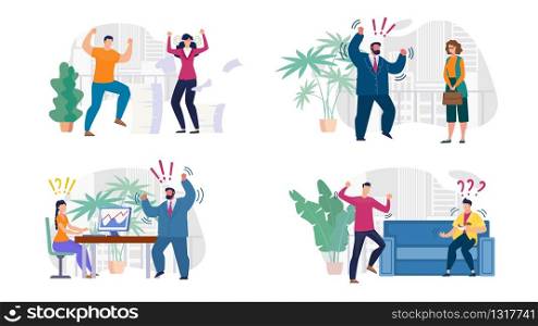 Aggressive People Coworkers Arguing, Shouting. Evil Angry Boss Chief Yelling, Scolding on Employee. Business Conflict and Office Workers Misunderstanding Flat Set. Working Time. Vector Illustration. Aggressive People Coworkers, Boss and Employee Set