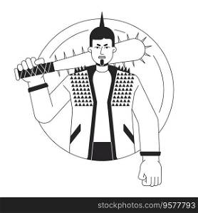 Aggressive punk with baseball bat flat line black white vector character. Rebel. Angry young man. Weapon. Editable outline half body person. Simple cartoon isolated spot illustration for web design. Aggressive punk with baseball bat flat line black white vector character