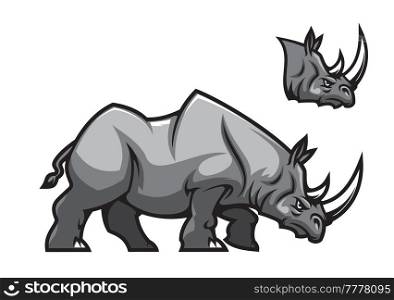 Aggressive rhino mascot character. Rhinoceros vector animal with angry face, white horns and gray muscular body. African savanna two horned rhino beast cartoon mascot of sport club or team mascot. Aggressive rhino mascot character, rhinoceros