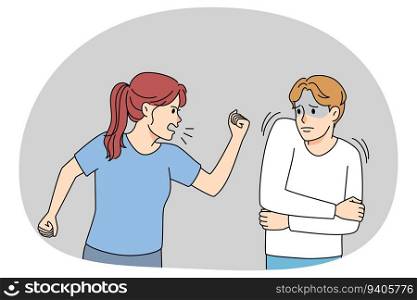 Aggressive woman scold lecture stressed man. Husband and wife fight and quarrel. Abusive female bullying male lover. Domestic violence concept. Vector illustration.. Mad woman bullying husband