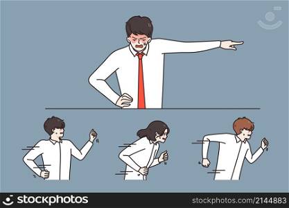 Aggressive young boss or director scold employees show power and strength at workplace. Authoritative angry businessman or employer lecture exploit workers. Domination. Vector illustration. . Aggressive businessman scold exploit employees at workplace