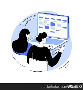 Agile project management isolated cartoon vector illustrations. IT company workers discussing new project, looking at laptop, information technology industry, development process vector cartoon.. Agile project management isolated cartoon vector illustrations.