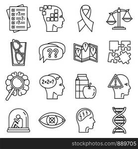 Aging alzheimer disease icons set. Outline set of aging alzheimer disease vector icons for web design isolated on white background. Aging alzheimer disease icons set, outline style