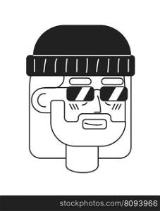Aging hipster with sunglasses monochromatic flat vector character head. Grandpa. Editable black white cartoon face emotion. Hand drawn lineart ink spot illustration for web graphic design, animation. Aging hipster with sunglasses monochromatic flat vector character head