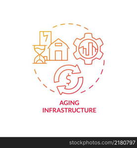 Aging infrastructure red gradient concept icon. Rural electrification obstacles abstract idea thin line illustration. Isolated outline drawing. Roboto-Medium, Myriad Pro-Bold fonts used. Aging infrastructure red gradient concept icon
