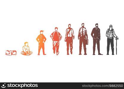 Aging, male, boy, man, old, people concept. Hand drawn human generation from child to adult concept sketch. Isolated vector illustration.. Aging, male, boy, man, old, people concept. Hand drawn isolated vector.