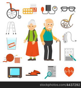 Aging people accessories Flat Icons Set. Old couple with senior care products flat icons collection with walker and cane abstract isolated vector illustration
