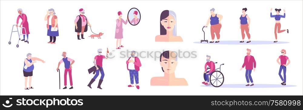 Aging people flat set with isolated human characters on blank background with young and elderly people vector illustration