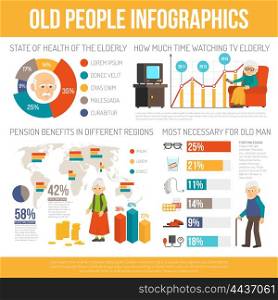 Aging People Life Flat Infographic Banner . Old age benefits personal assistance and life expectancy infographic report poster with diagrams flat abstract vector illustration