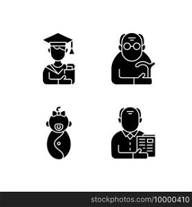 Aging process black glyph icons set on white space. Male student. Pensioner. Early adulthood. Baby phase. Old man. Infancy development. Senior citizen. Silhouette symbols. Vector isolated illustration. Aging process black glyph icons set on white space