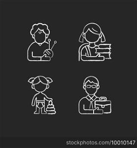 Aging process chalk white icons set on black background. Elderly woman. Schoolgirl. Female toddler. Middle-aged man. Old pensioner. Elementary education. Isolated vector chalkboard illustrations. Aging process chalk white icons set on black background
