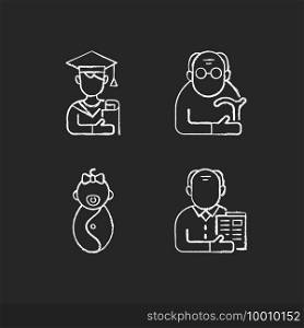 Aging process chalk white icons set on black background. Male student. Pensioner. Early adulthood. Baby phase. Old man. Infancy development. Senior citizen. Isolated vector chalkboard illustrations. Aging process chalk white icons set on black background