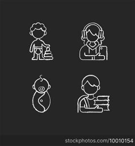 Aging process chalk white icons set on black background. Preschooler. Female teenager. Male newborn. Schoolboy. 1-2 years old boy. Adolescent years. Isolated vector chalkboard illustrations. Aging process chalk white icons set on black background