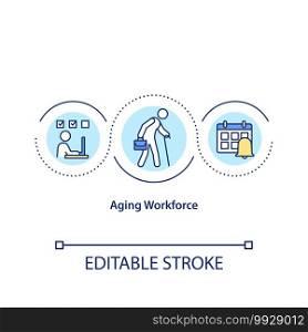 Aging workforce concept icon. Eldery people as employees on working place. Less productivity from old worker idea thin line illustration. Vector isolated outline RGB color drawing. Editable stroke. Aging workforce concept icon