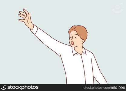 Agitated man raises hand and shouts in attempt to draw attention to important issues that require intervention. Guy in business shirt waves arm to call for help in critical situation. Agitated man raises his hand and shouts in attempt to draw attention to important issues