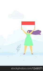 Agitating Cartoon Woman Character with Long Wavy Hair Holding Red Flag over Head Flat Banner Vector Illustration Feminism Gender Equality Rights Protection Concept Motivational Template. Agitating Woman with Flag over Head Flat Banner