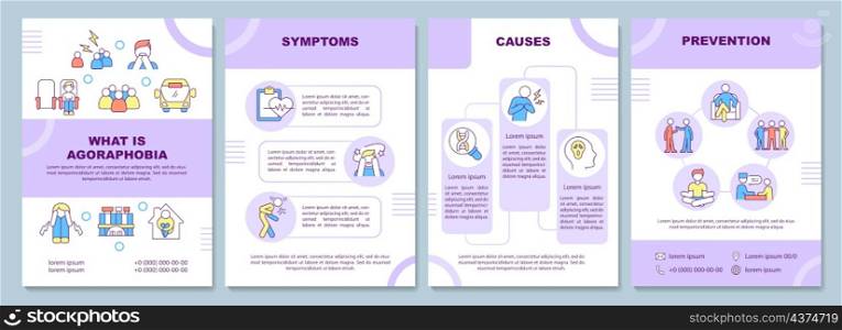 Agoraphobia disorder purple brochure template. Social anxiety. Booklet print design with linear icons. Vector layouts for presentation, annual reports, ads. Arial-Black, Myriad Pro-Regular fonts used. Agoraphobia disorder purple brochure template