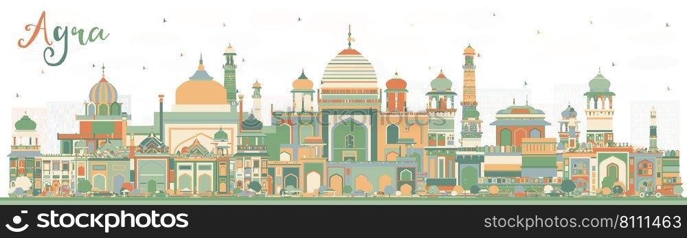 Agra India City Skyline with Color Buildings. Vector Illustration. Business Travel and Tourism Concept with Historic Architecture. Agra Uttar Pradesh Cityscape with Landmarks.