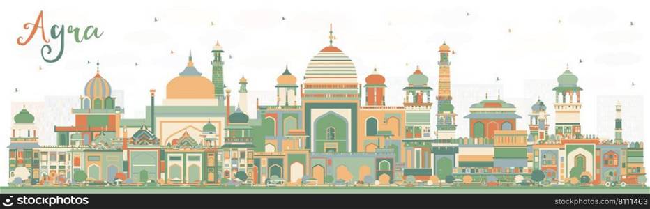 Agra India City Skyline with Color Buildings. Vector Illustration. Business Travel and Tourism Concept with Historic Architecture. Agra Uttar Pradesh Cityscape with Landmarks.