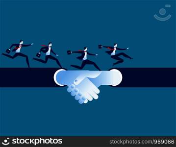 Agreement and hand shake. Business man running on a hand shake. Concept business success illustration. Vector cartoon character.. Agreement and hand shake. Business man running on a hand shake. Concept business success illustration. Vector cartoon character.