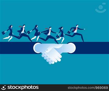 Agreement and hand shake. Business people running on a hand shake. Concept business success illustration. Vector cartoon character.