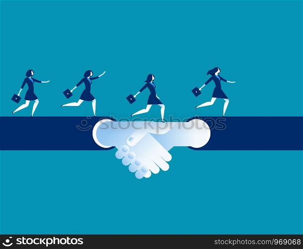 Agreement and hand shake. Business woman running on a hand shake. Concept business success illustration. Vector cartoon character.. Agreement and hand shake. Business woman running on a hand shake. Concept business success illustration. Vector cartoon character.