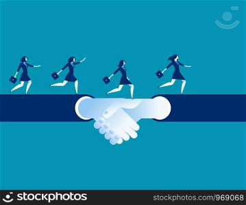 Agreement and hand shake. Business woman running on a hand shake. Concept business success illustration. Vector cartoon character.. Agreement and hand shake. Business woman running on a hand shake. Concept business success illustration. Vector cartoon character.