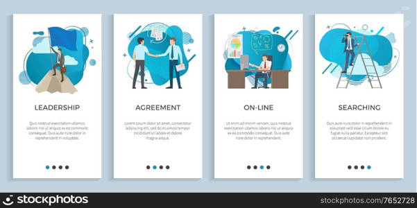 Agreement between businessmen vector, online office using computer and digital info and data, leadership searching male with binoculars on ladder. Website or app slider, landing page flat style. Leadership and Agreement, Online Searching Set