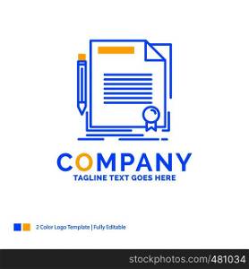 agreement, contract, deal, document, paper Blue Yellow Business Logo template. Creative Design Template Place for Tagline.