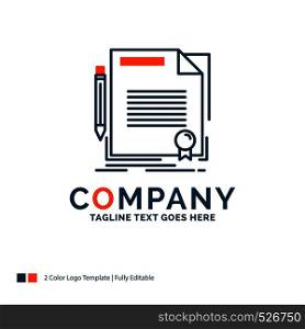 agreement, contract, deal, document, paper Logo Design. Blue and Orange Brand Name Design. Place for Tagline. Business Logo template.