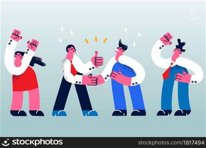 Agreement, handshake and collaboration concept. Group of young business partners shaking hands feeling happy after successful negotiations business deal, cooperation concept. . Agreement, handshake and collaboration concept