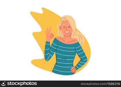Agreement, nonverbal communication concept. Happy young woman showing ok gesture, trendy approval sign, cheerful caucasian girl saying okay, positive emotion expression. Simple flat vector. Agreement, nonverbal communication concept